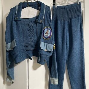 Vintage 80s Jeene Blue Knit 3 Piece with Patch Detail